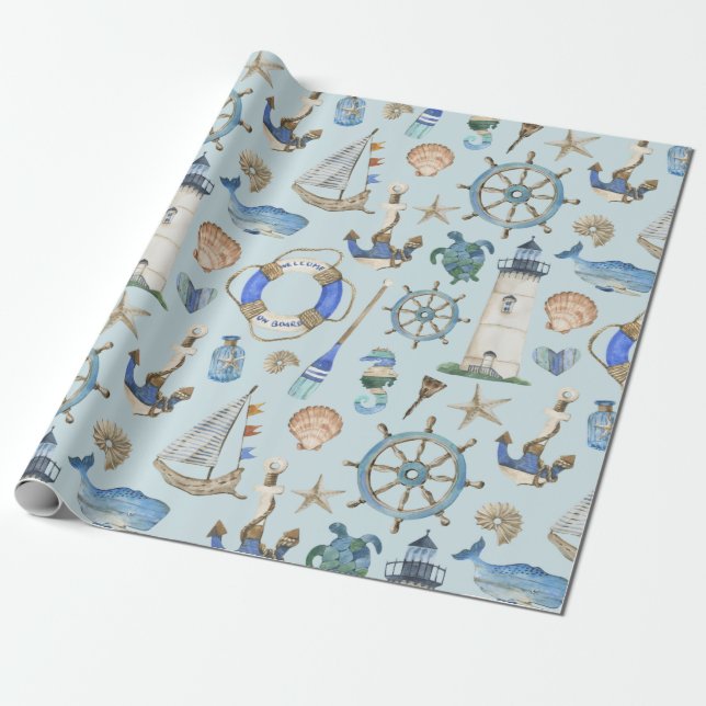Nautical Coastal Sea Beach Theme Wrapping Paper (Unrolled)