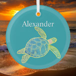 Nautical Coastal Sea Turtle  Blue Yellow Teal Glass Tree Decoration<br><div class="desc">Christmas Ornament:
Monogrammed with name Custom Nautical Coastal Sea Turtle Teal  Blue Yellow Green</div>
