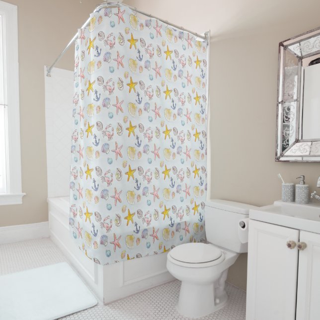 Nautical Coastal Seashells and Anchors Shower Curtain (In Situ)