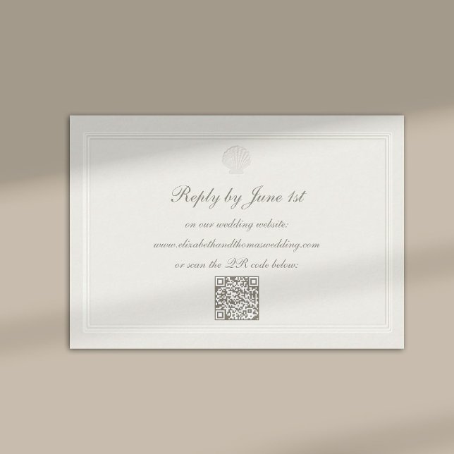 Nautical Coastal Shell Modern Classic QR Wedding RSVP Card (modern classic wedding rsvp card QR code frame ecru script calligraphy formal traditional elegant)