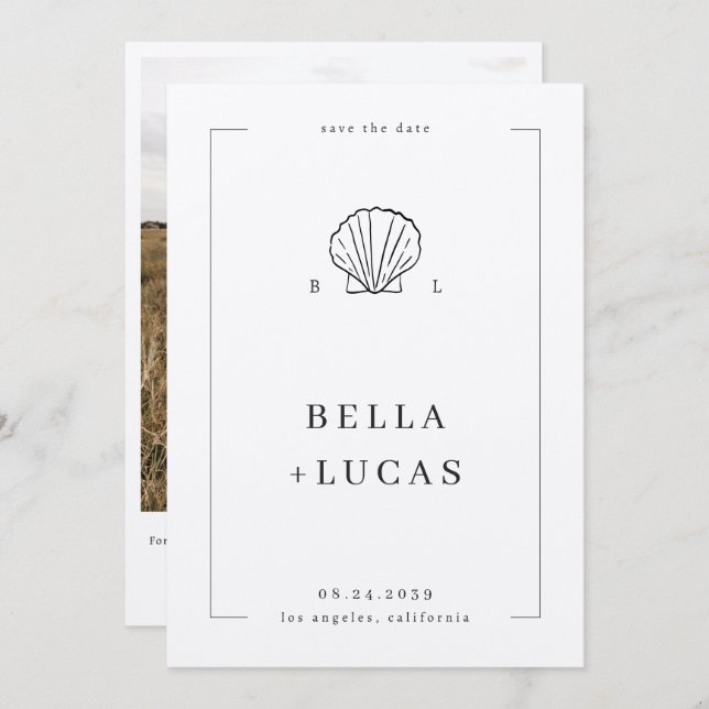 Nautical Coastal Shell Monogram QR Code Wedding Save The Date (Front/Back)