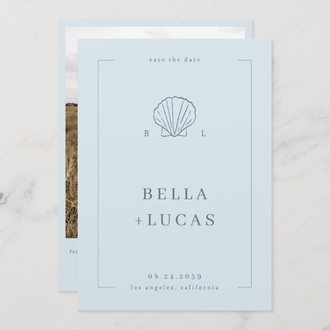 Nautical Coastal Shell Monogram QR Code Wedding Save The Date (Front/Back)