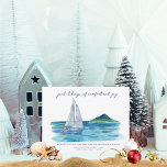 Nautical Coastal Watercolor Christmas Card<br><div class="desc">Nautical Coastal Watercolor Christmas Card - features a gorgeous, peaceful watercolor scene with a sailboat and clear, blue sea. Greeting reads " Good tidings of comfort and Joy. "Seas and Greetings will also be available. Card is personalised with your family or business name, and an additional line is available for...</div>