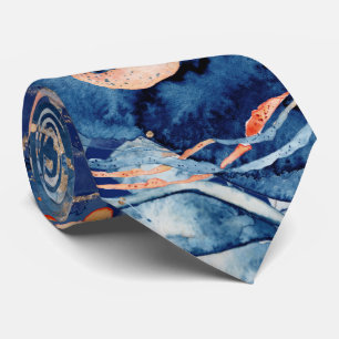 Nautical collage octopus jelly fish navy orange tie