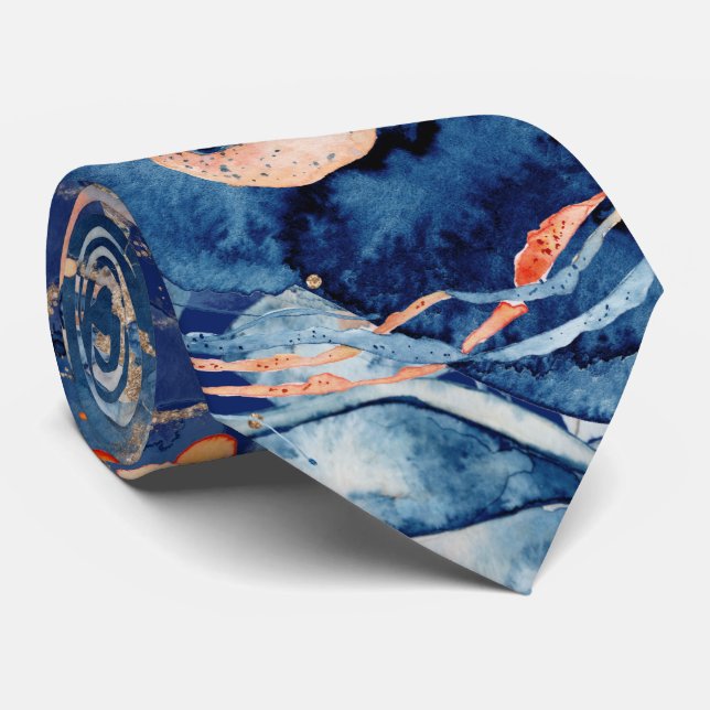 Nautical collage octopus jelly fish navy orange tie (Rolled)