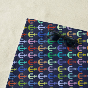 nautical colorful anchors on blue beach towel