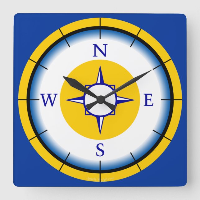 Nautical Compas Blue, White, Gold Wall Clock (Front)