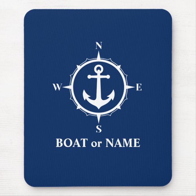 Nautical Compass Anchor Your Boat or Name Navy Mouse Mat (Front)