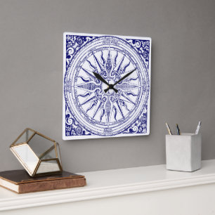 Nautical Compass And Winds Blue & White Print Square Wall Clock