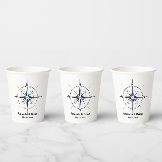 Nautical Compass Beach Wedding Personalised Paper Cups (Multi)