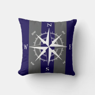 Nautical compass blue grey vertical strips cushion