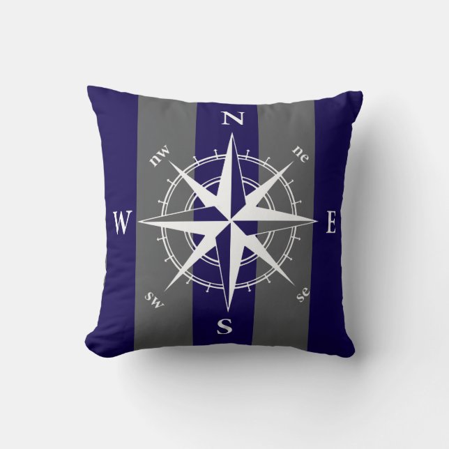 Nautical compass blue grey vertical strips cushion (Front)