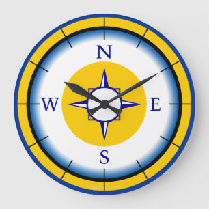 Nautical Compass Blue, White, Gold Wall Clock