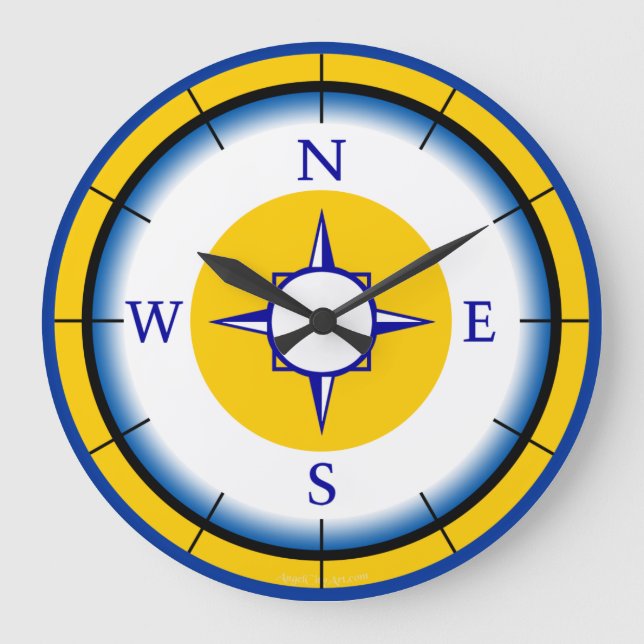 Nautical Compass Blue, White, Gold Wall Clock (Front)