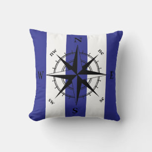 Nautical compass blue white vertical strips cushion