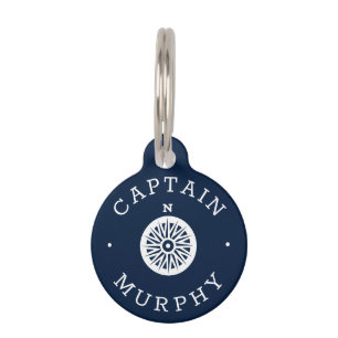 Nautical Compass Custom Captain name Navy Blue Pet Tag