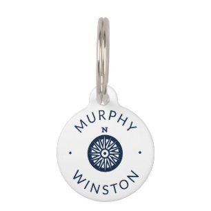 Nautical compass custom name Info white navy blue Pet Tag