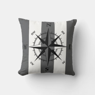 Nautical compass grey white vertical strips cushion