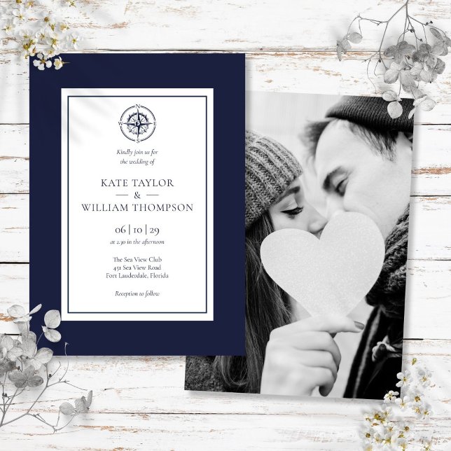 Nautical Compass Navy Blue And White Wedding Photo Invitation (Nautical Compass Navy Blue And White Wedding Photo Invitation)
