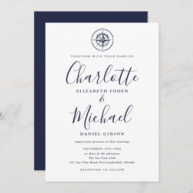Nautical Compass Navy Blue Script Wedding Invitation (Front/Back)
