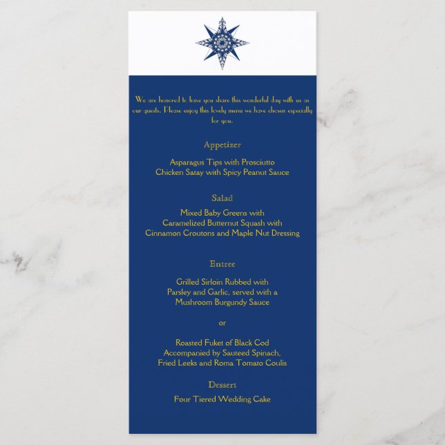 Nautical Compass Navy Yellow Wedding Menu (Front)