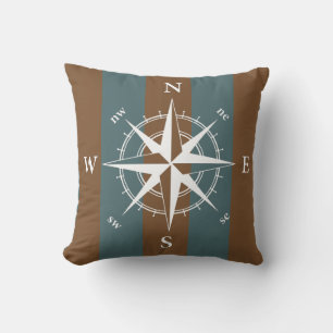 Nautical compass retro muted teal brown strips cushion