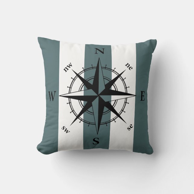 Nautical compass retro muted teal vertical strips cushion (Front)