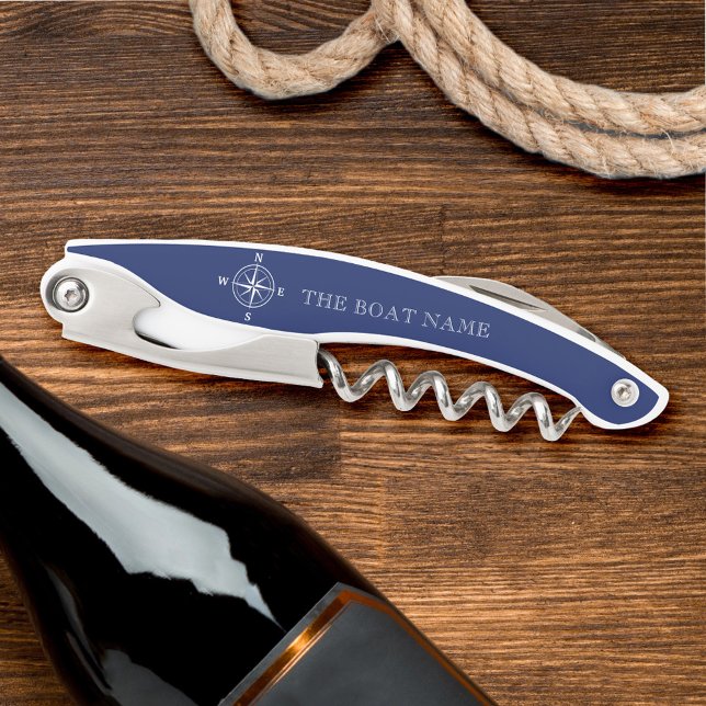 Nautical Compass Rose Boat Name Navy Blue Corkscrew (Creator Uploaded)