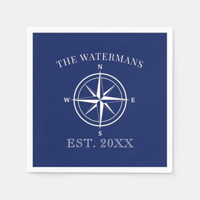 Nautical Compass Rose Family Name Navy Blue Napkin (Front)