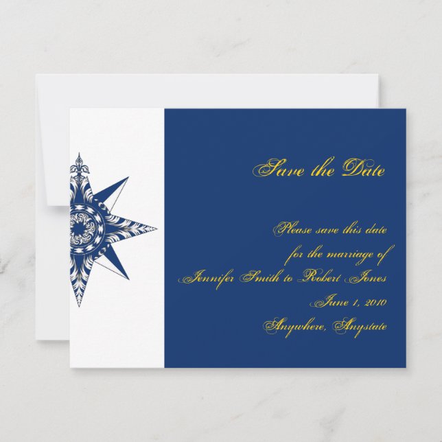 Nautical Compass Rose Navy Yellow Save the Date (Front)