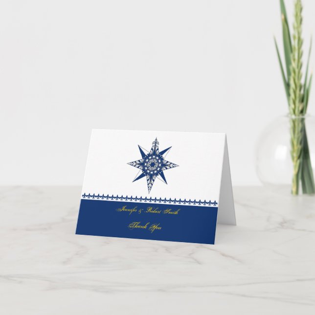 Nautical Compass Rose Navy Yellow Thank You Card (Front)