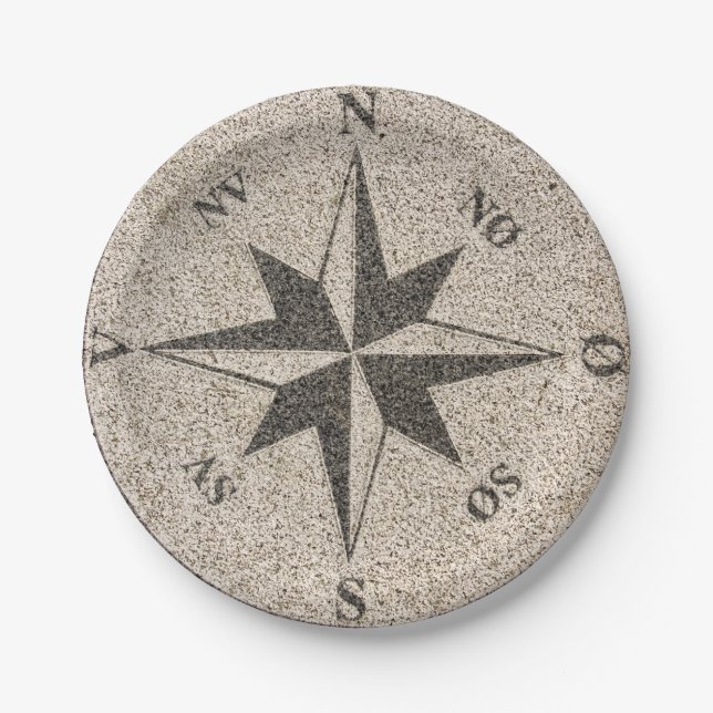 Nautical compass rose on grey granite paper plate (Front)