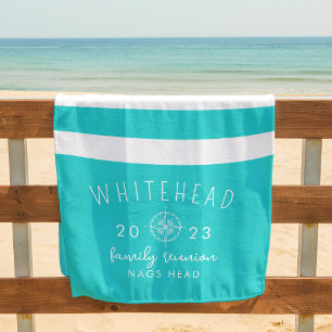 Nautical Compass Rose Stripe Aqua Blue Monogram Beach Towel