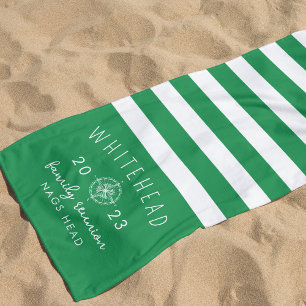 Nautical Compass Rose Stripe Kelly Green Monogram Beach Towel