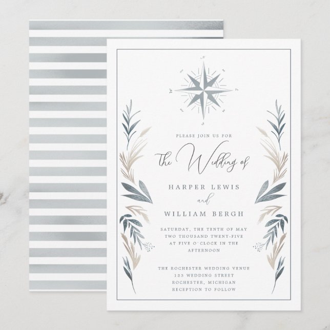 Nautical compass rose wedding invitation (Front/Back)
