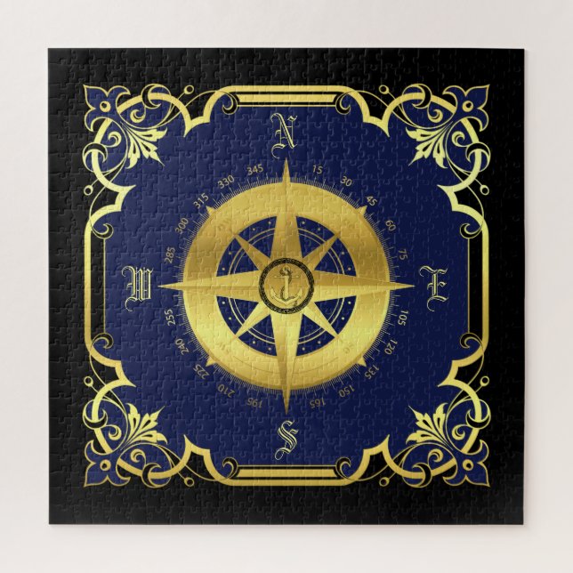 Nautical compass silhouette/gold/black/navy jigsaw puzzle (Vertical)