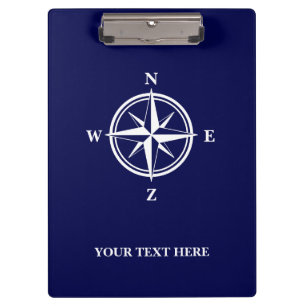 Nautical compass star navy blue and white custom clipboard