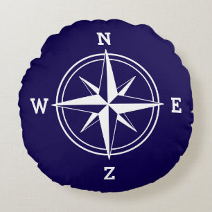 Nautical compass star navy blue round cushion