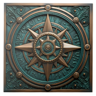 Nautical Compass Teal Metallic 3D Effect Tile