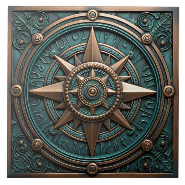 Nautical Compass Teal Metallic 3D Effect Tile (Front)