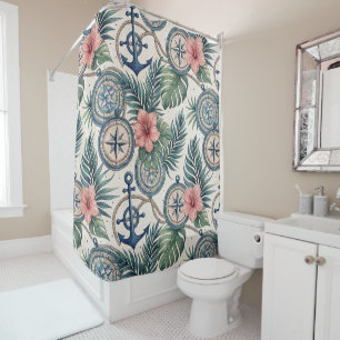 NAUTICAL COMPASS TROPICAL FLOWERS AND LEAVES SHOWER CURTAIN