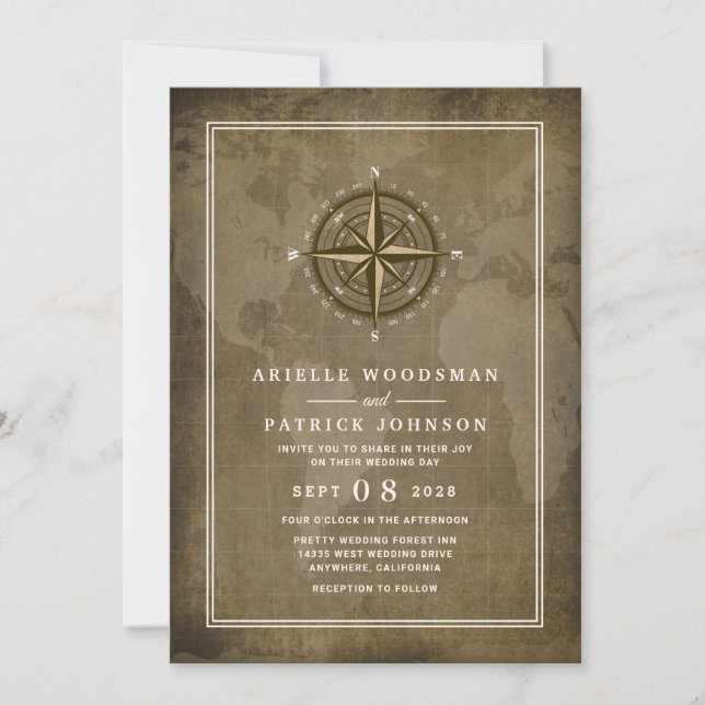 Nautical Compass Vintage Globe Wedding Invitations (Front)