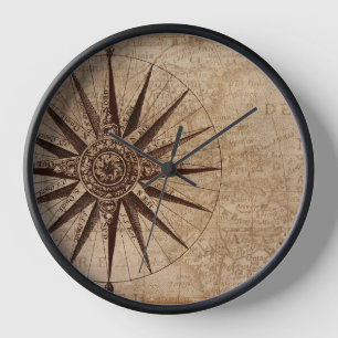 Nautical Compass Vintage Map Travel  Clock