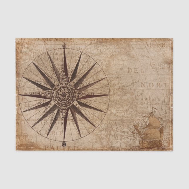 Nautical Compass Vintage Map Travel Tissue Paper (Front)