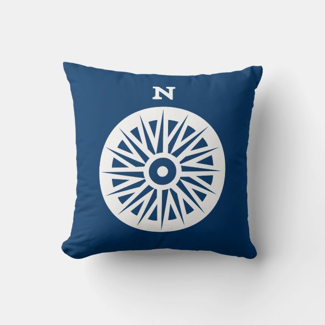 nautical compass white on teal soft navy pillow (Front)