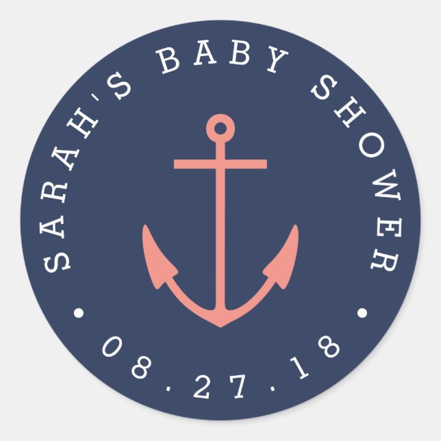 Nautical Coral and Navy Anchor Baby Shower Classic Round Sticker (Front)