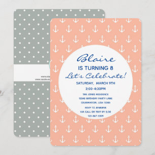Nautical Coral and Navy Anchor Birthday Invitation