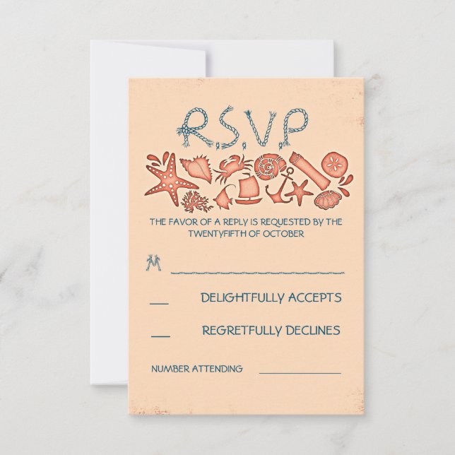 nautical coral beach wedding RSVP cards (Front)