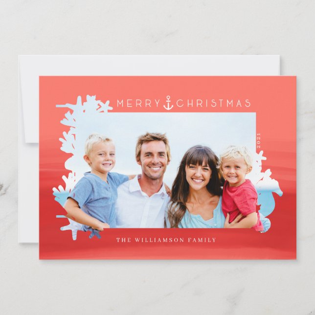 Nautical Coral Merry Christmas Ocean Photo Frame Holiday Card (Front)