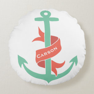 Nautical Coral Mint Personalise Take the Helm Mate Round Cushion